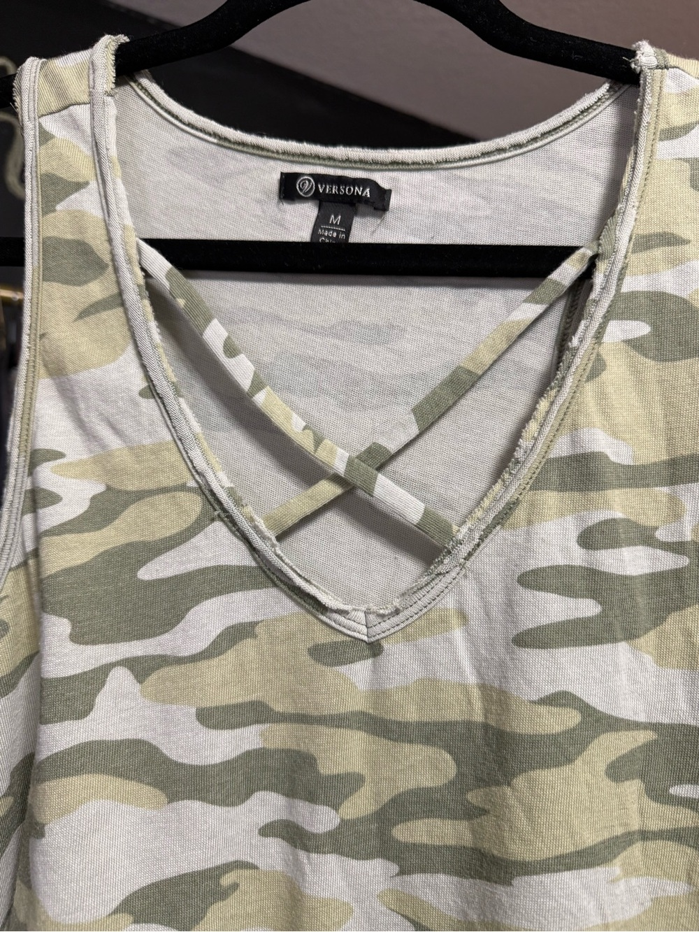Versona Camo Criss Cross V-Neck Tank Top Olive Green - Picture 3 of 7